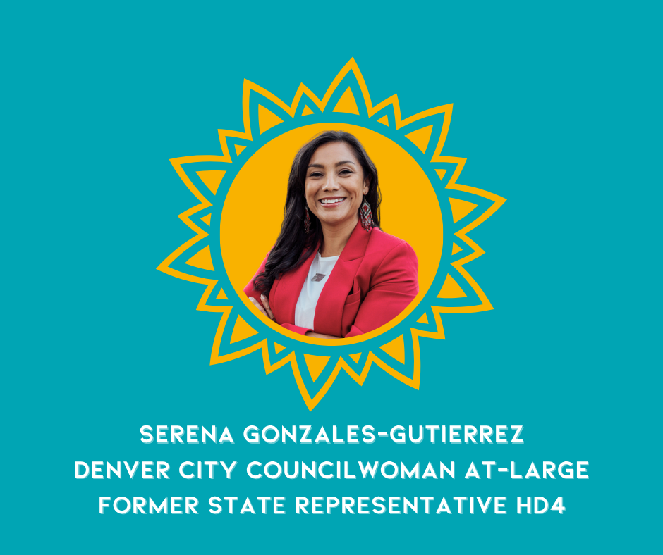 Portrait of Serena Gonzales-Gutierrez, a woman with long dark hair, smiling, wearing a red blazer and white blouse, with a stylized yellow sun illustration behind her on a teal background, along with her name and titles in white text.