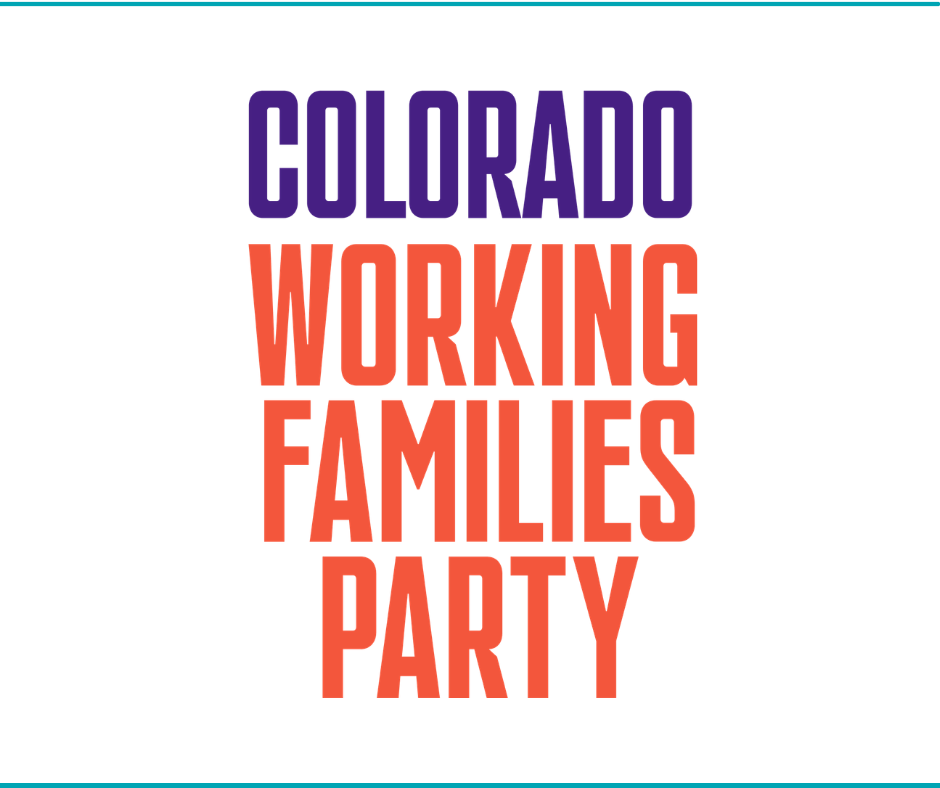 Text reading 'Colorado Working Families Party' with 'Colorado' in purple, 'Working Families Party' in red, set against a white background.