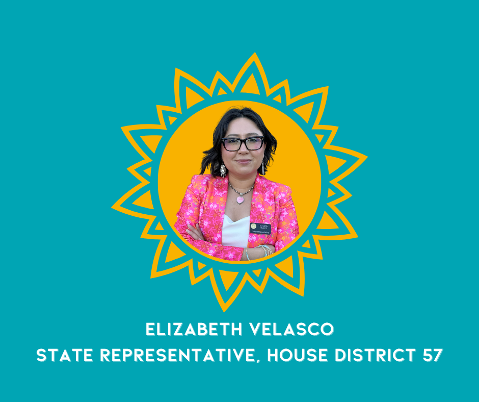 Portrait of Elizabeth Velasco, a woman with dark hair, glasses, and jewelry, wearing a pink patterned jacket and a white top, against a teal background with a yellow sunburst design. Text reads: 'Elizabeth Velasco, State Representative, House Distric