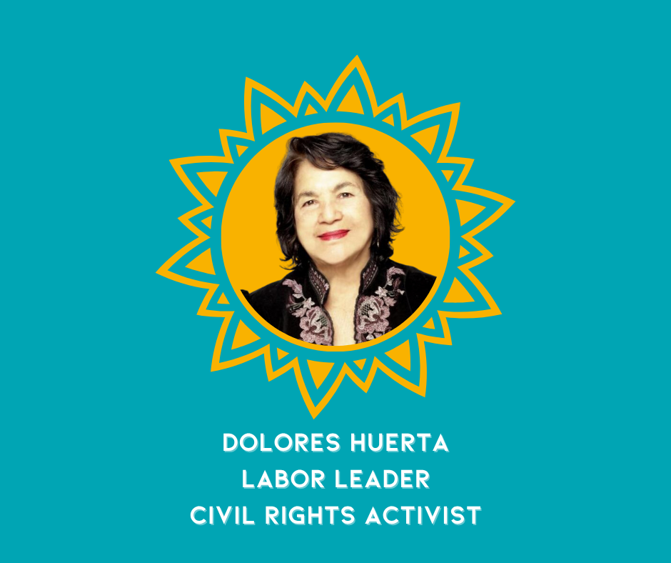A graphic portrait of Dolores Huerta with her name and titles, Labor Leader and Civil Rights Activist, on a teal background with a decorative yellow sunburst design.