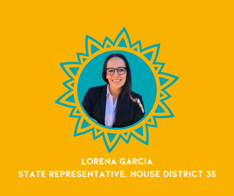 A political campaign graphic featuring a woman with long dark hair, glasses, and a smile. She is wearing a black blazer and white shirt, set within a blue circle with a decorative sunburst outline on a yellow background. Below her image, text reads: 