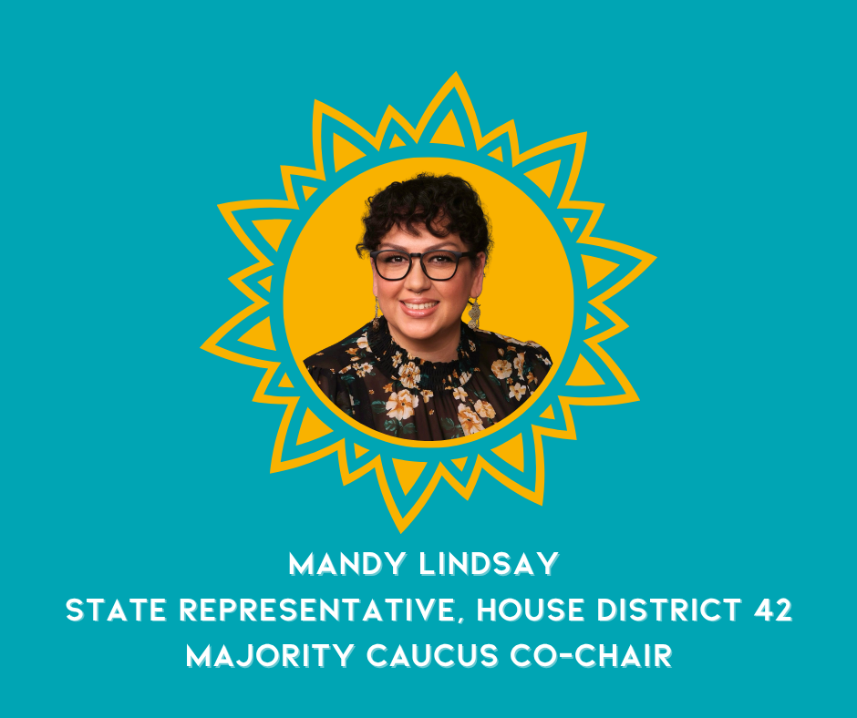 Photo of Mandy Lindsay, a woman with short curly hair and glasses, smiling. She is wearing earrings and a floral top, inside a yellow circle with a sunburst design on a blue background. Text underneath reads 'Mandy Lindsay, State Representative, Hous