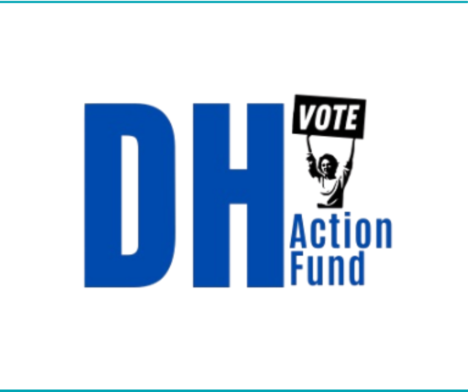 Logo of the DH Action Fund with large blue letters 'DH' and smaller blue words 'Action Fund' beside and below it. A black and white illustration of a person holding a sign that says 'VOTE' is above the text.