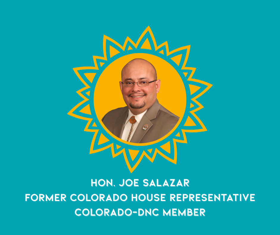 A portrait of Hon. Joe Salazar, a man wearing glasses and a tan suit with a decorative pin, smiling, set against a yellow circular background with a sunburst design on a teal background. Below the portrait, text reads: "Hon. Joe Salazar, Former Color