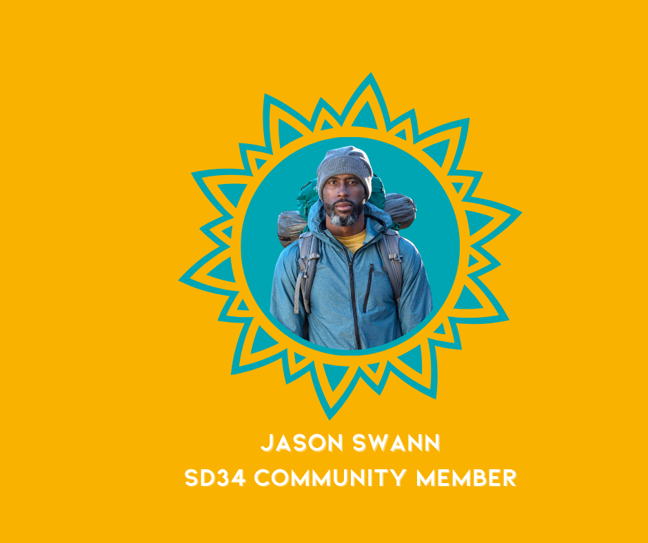 A man with a beard and mustache wearing a gray beanie hat, blue jacket, and carrying a large backpack, standing outdoors against a yellow background with a decorative blue outline around his photo. Text below reads: "Jason Swann, SD34 Community Membe