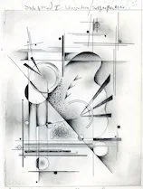 Abstract black and white drawing resembling a cubist composition with geometric shapes and lines.