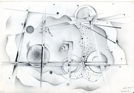 Abstract geometric and scientific illustration with circles, lines, and textured elements in black and white.