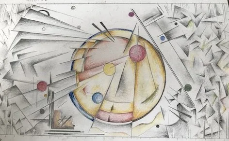 Geometric abstract art featuring a large circular shape with various colored spheres and arrow-like lines, surrounded by angular shapes and shading.