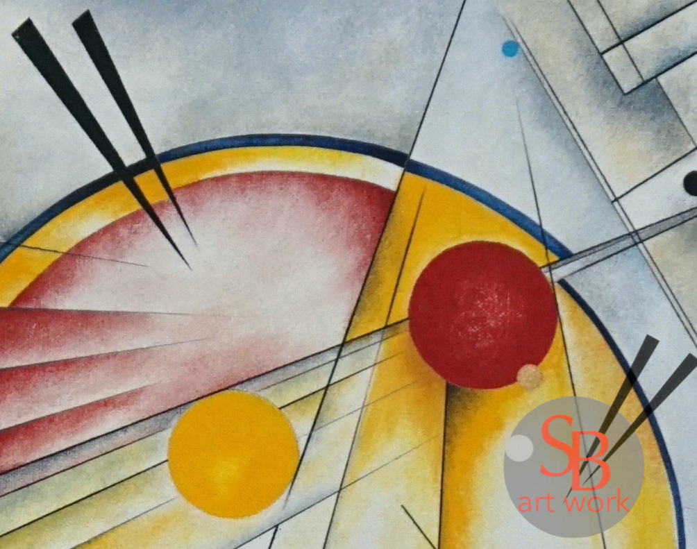 Abstract geometric artwork with colorful circles and lines, featuring a red circle, a yellow circle, and a large pinkish-red section.