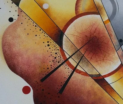 Abstract geometric art with circles, lines, and splashes of color in shades of yellow, orange, red, black, and gray.