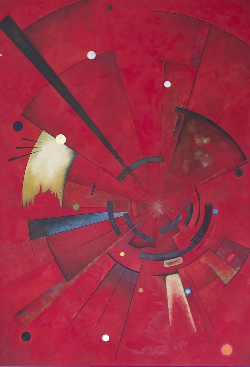 original abstract painting of love and passion with no escape, 'Amore - Infinite Love' is an abstract painting by Stephen Bend about amore or love with a dominant red and composition reflecting there is no escape, Copyright 2025