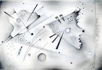 Abstract artwork featuring geometric shapes, lines, and a profile silhouette of a person's face in profile with a textured, dotted pattern.