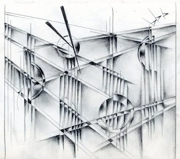 Abstract black and white geometric artwork with sharp lines and circular shapes.