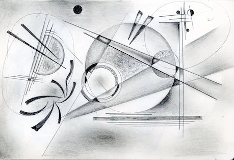 Abstract geometric artwork with lines, circles, and shading in black, white, and gray tones.