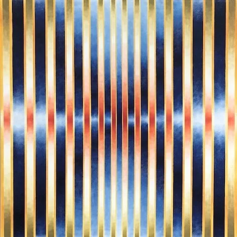 an abstract painting of Orpheus as a hero possessing radiating bright dynamism strength and purpose, Copyright Stephen Bend 2025