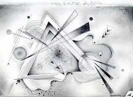 Abstract geometric mural with lines, circles, and shapes in black, gray, and white.