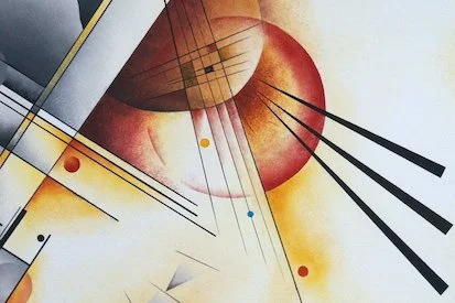 Abstract geometric artwork with circles, lines, and gradients in warm colors.