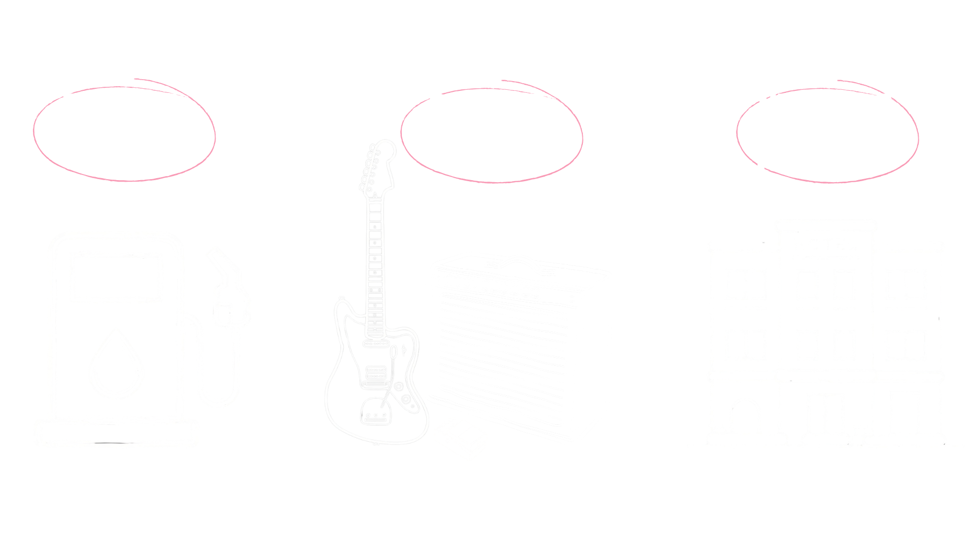 An illustration of music-related expenses showing a gast tank, electric guitar, amplifier, guitar pedal, and hotel representing filling a gas tank, buying musical gear, and upgrading a hotel room.