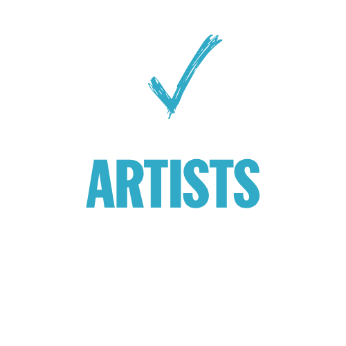 A graphic with a black background featuring a blue checkmark inside a white circle, and bold blue and white text saying 'ARTISTS can easily submit set lists'.