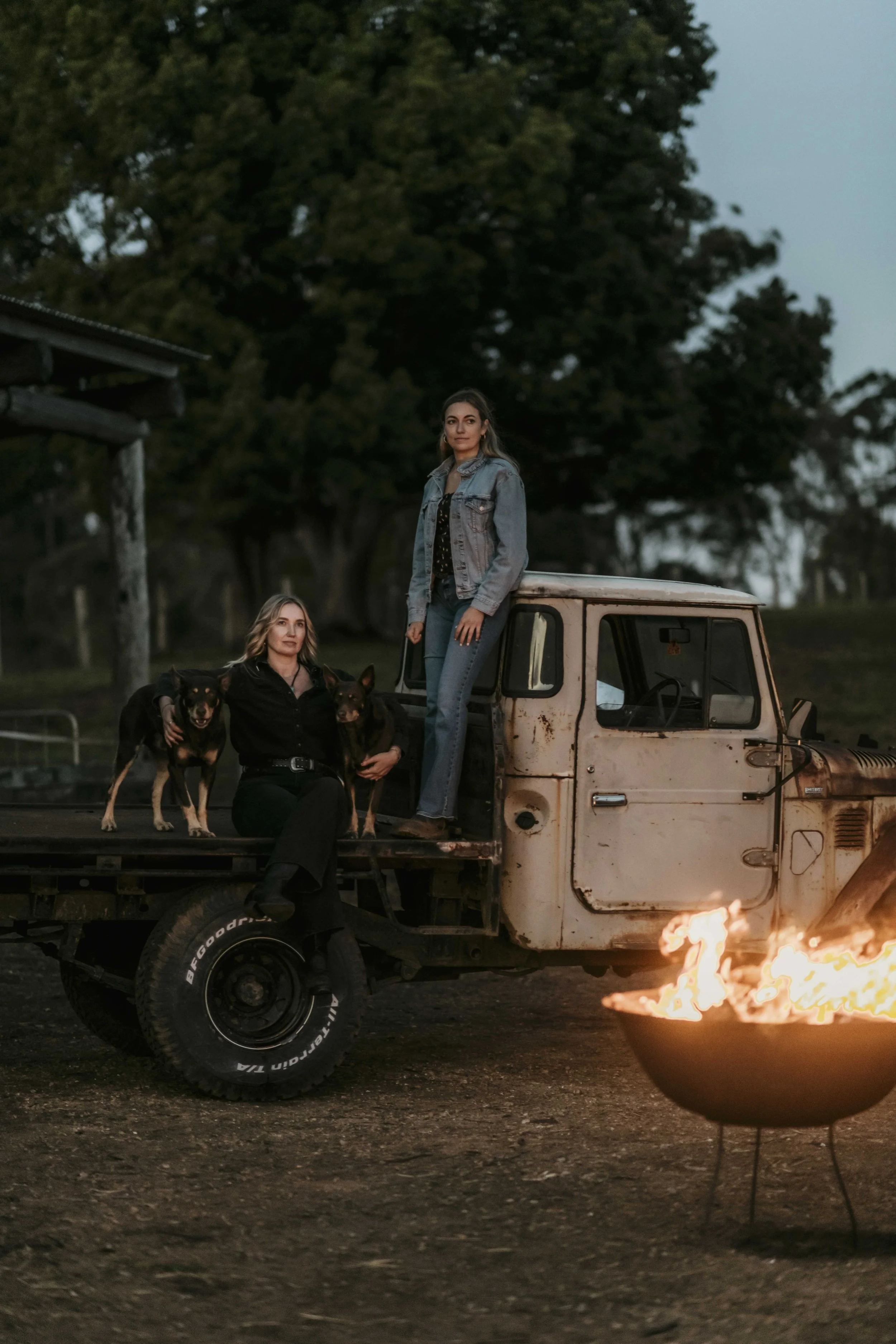 Vintage LandCruiser, farm dogs and fire pit at dusk