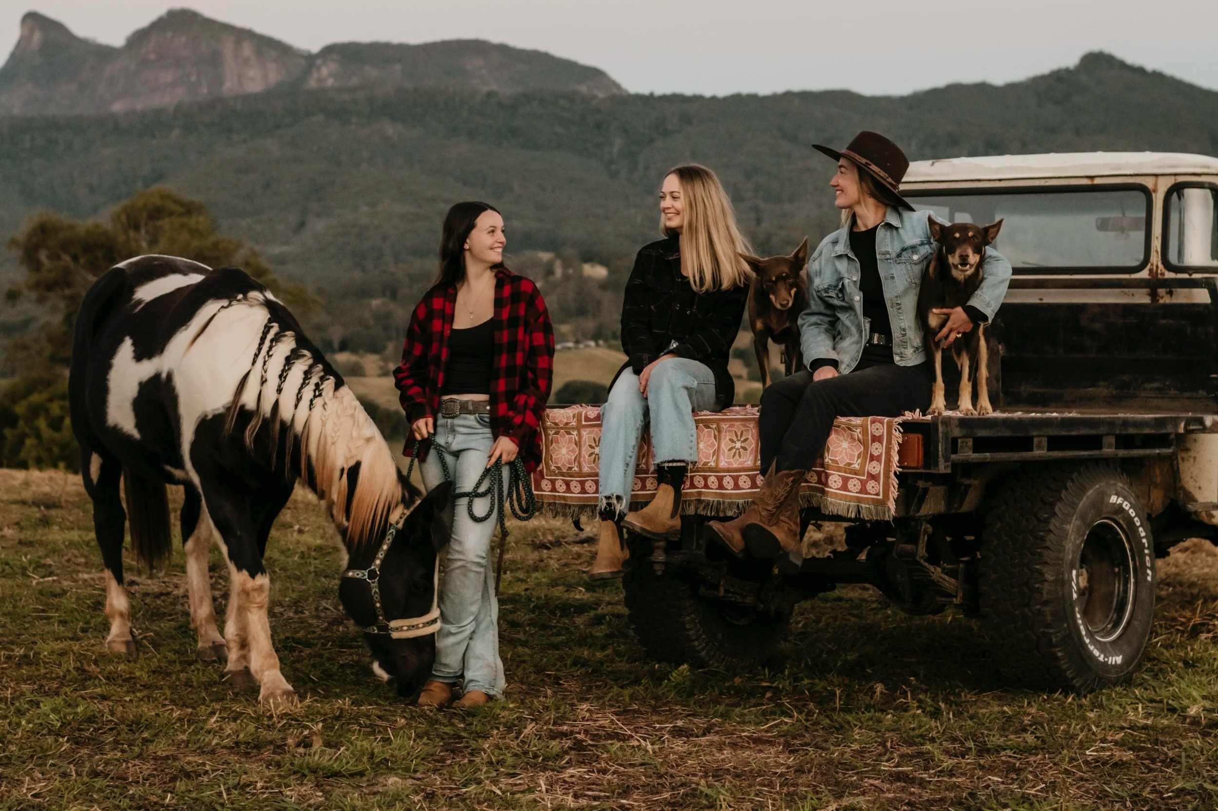 Three women and two dogs sitting on the back of a flatbed truck in a rural landscape. One dog is a black and white calf, and the other is brown and black. The women are smiling, dressed casually with one wearing a hat, and a cow is in the foreground.