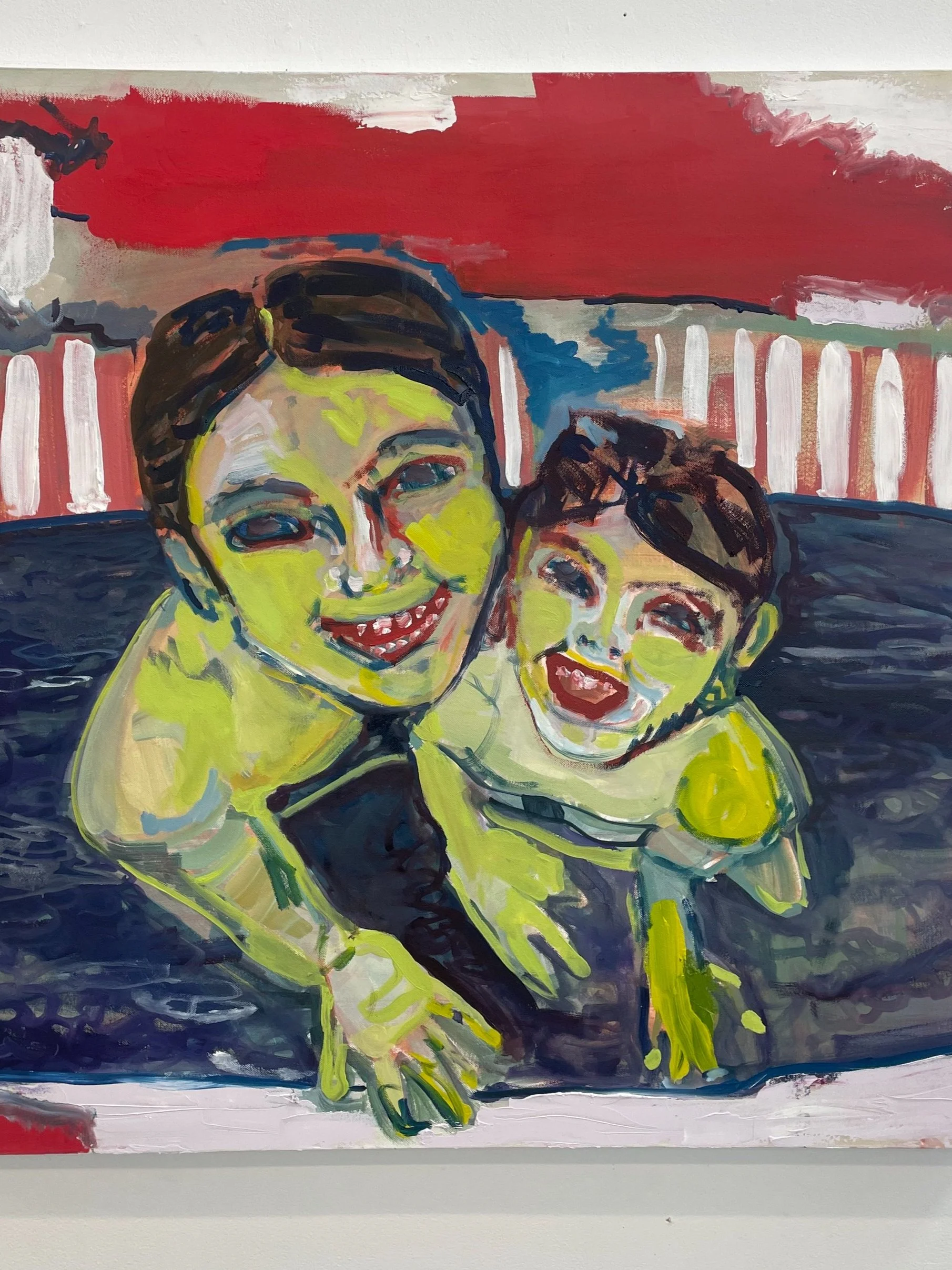 A colorful painting of two children smiling and playing in a pool with a red, white, and blue background.