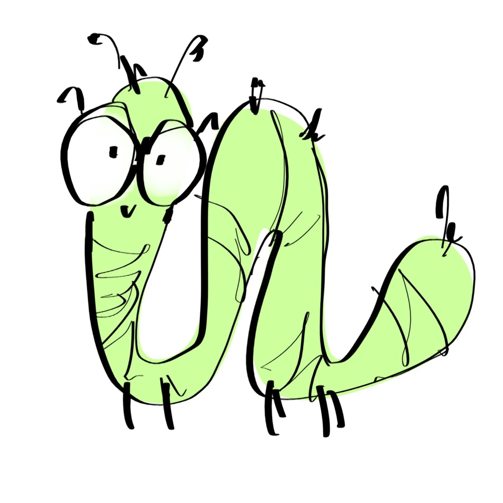 A cartoon drawing of a green caterpillar with big eyes, glasses, and a smiling face.