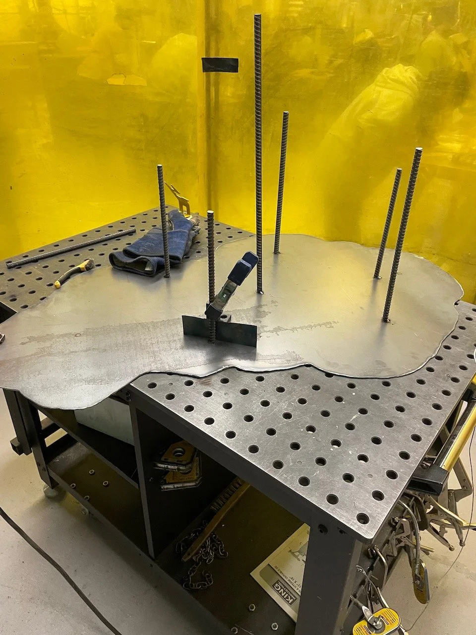 Infrastructure: plasma cut steel sheeting, rebar stakes to stick through the foam mig welded on.