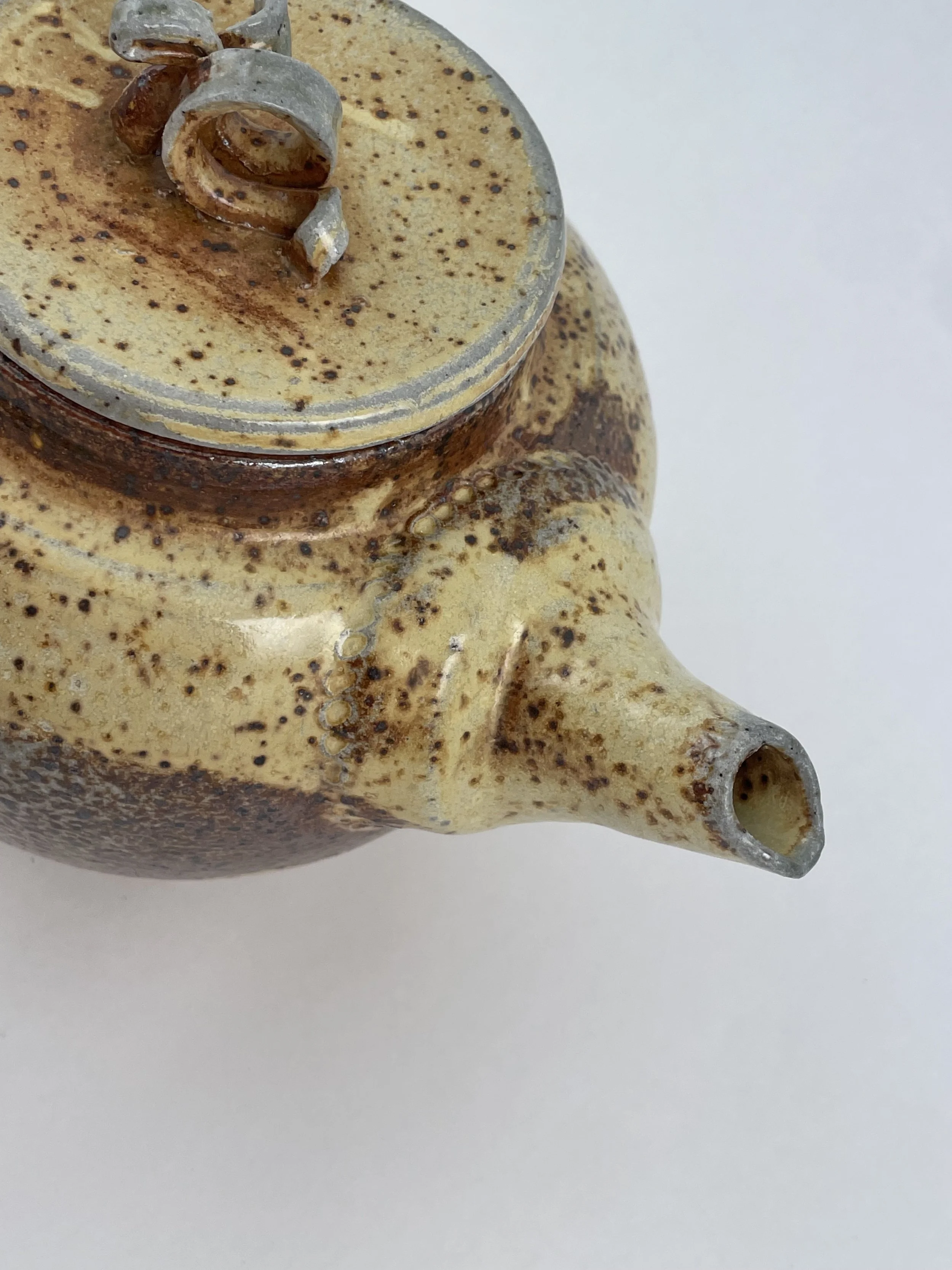 Close-up of a speckled ceramic teapot with a small, curved spout on a white background.