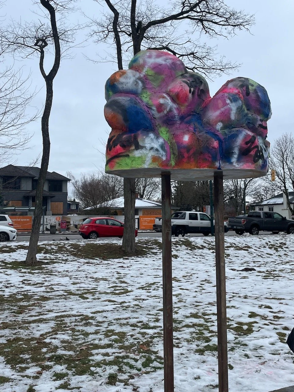 It was made of steel, concrete, foam,  and spray paint. 