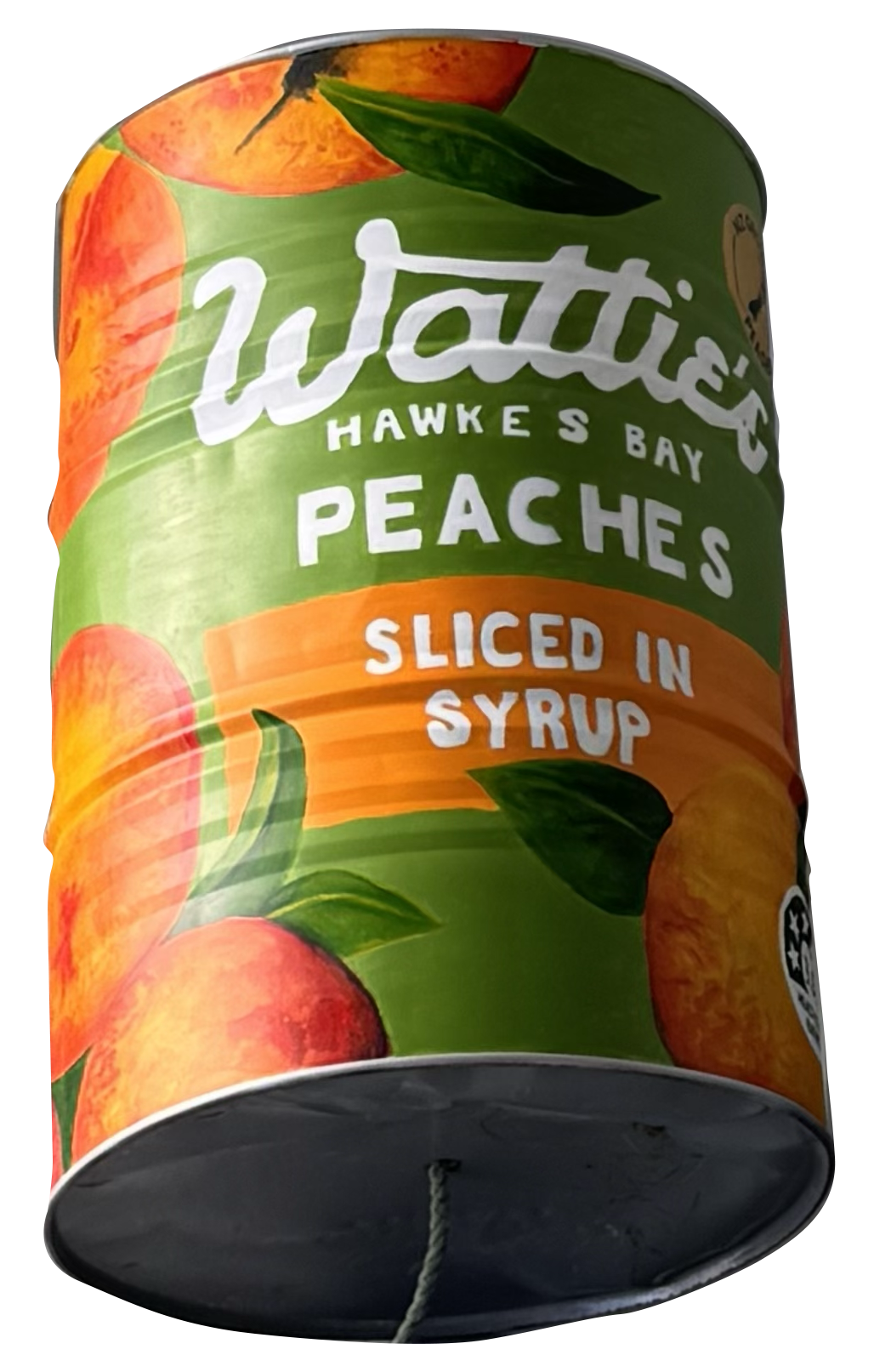 Can with a green background label showing peaches sliced in syrup, with images of peaches and green leaves.