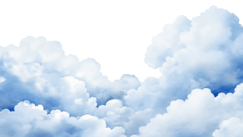 Blue sky with large white and gray clouds.