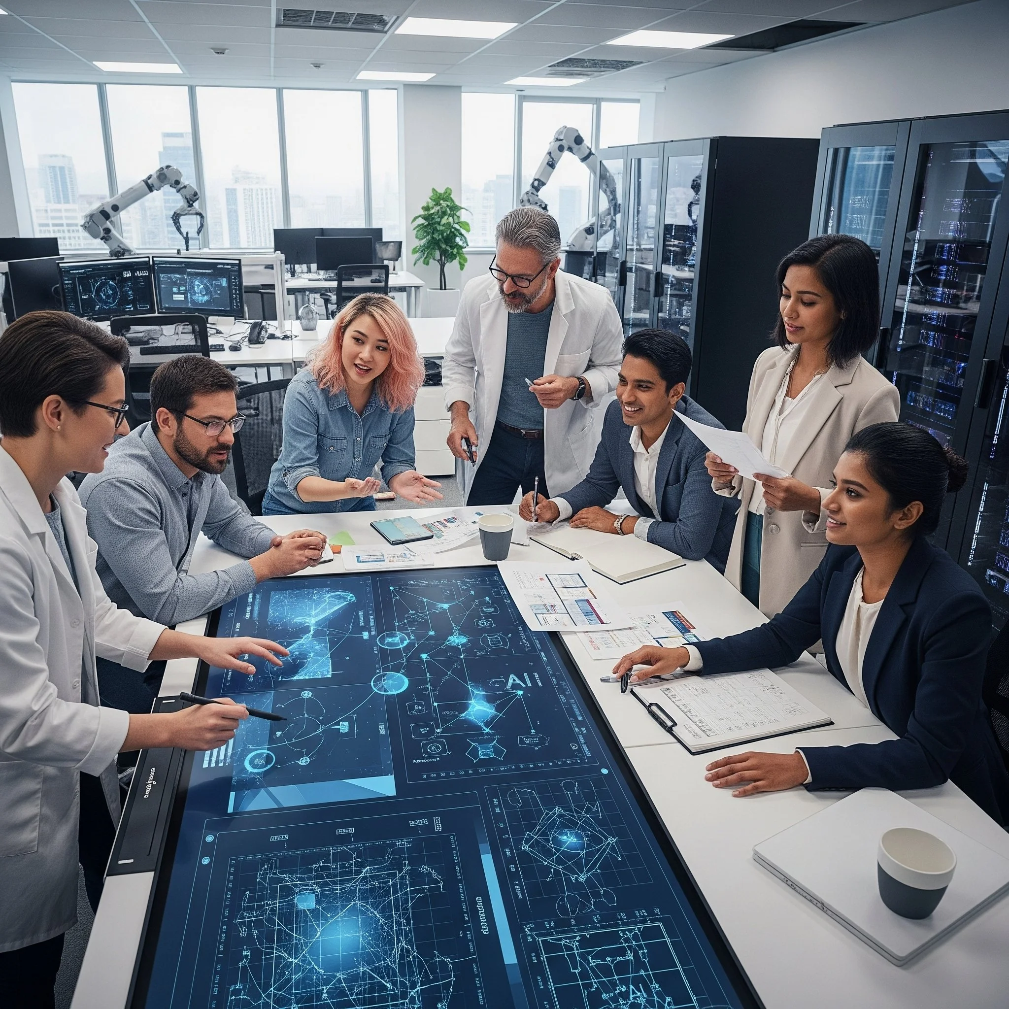 A diverse group of professionals in a high-tech conference room discussing artificial intelligence and data science, with a large touchscreen display showing technical diagrams and network connections.