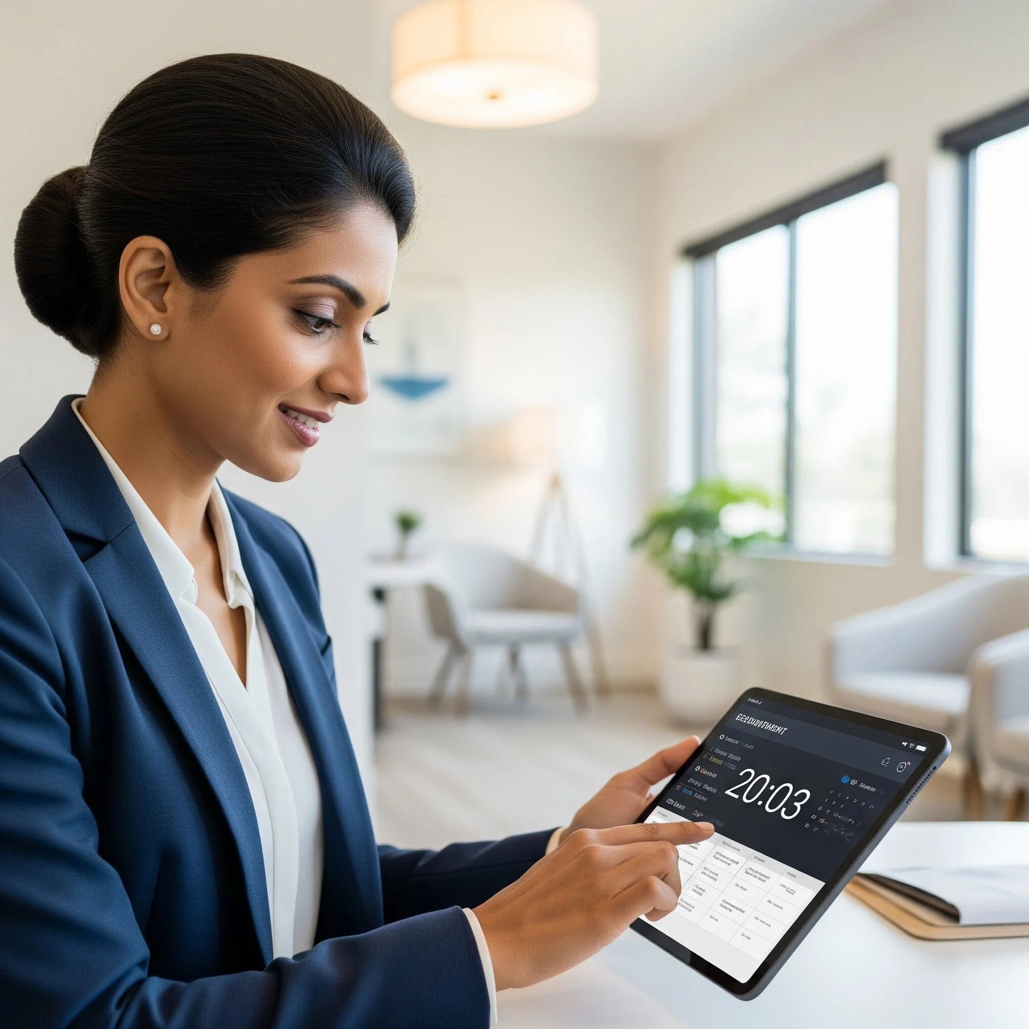 A woman in professional attire using a tablet displaying a digital calendar and clock in a modern, well-lit office.