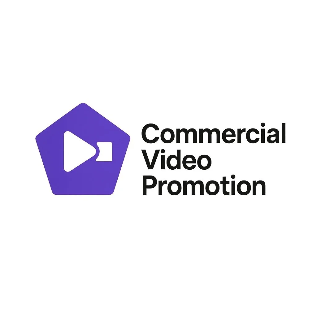 Logo for Commercial Video Promotion featuring a purple pentagon with a white play button icon and black text.