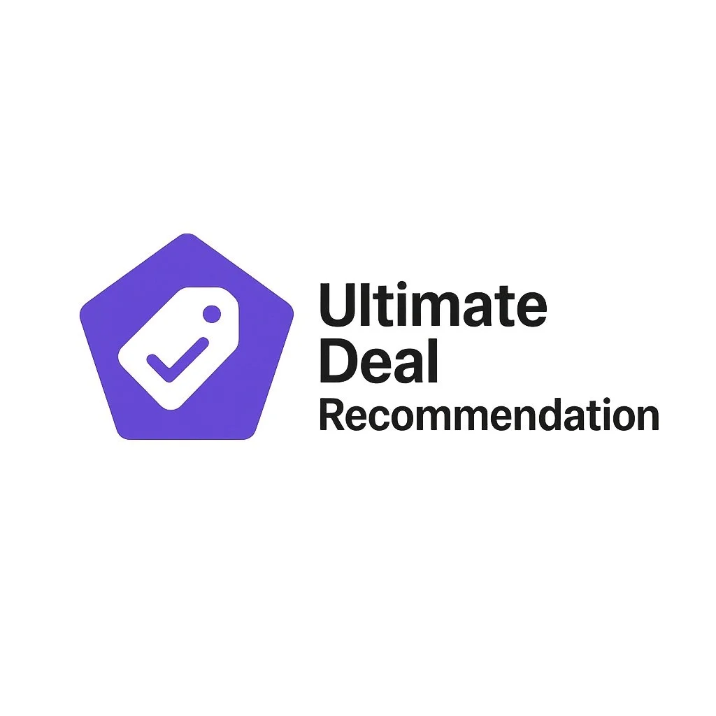 Logo with a purple pentagon and white checkmark icon, accompanied by the text "Ultimate Deal Recommendation" in black.