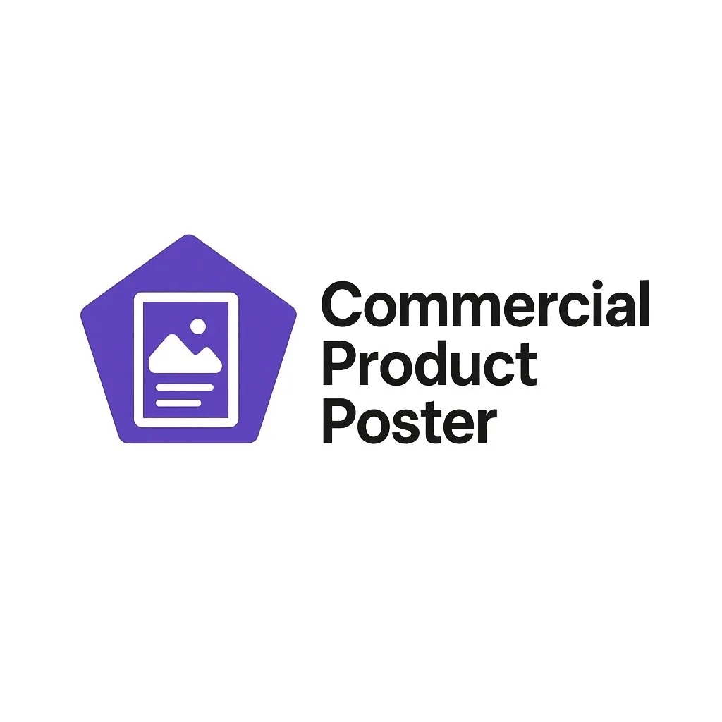 Logo of a purple pentagon with a white outline of a poster and a mountain and sun icon, next to the text 'Commercial Product Poster' in black.