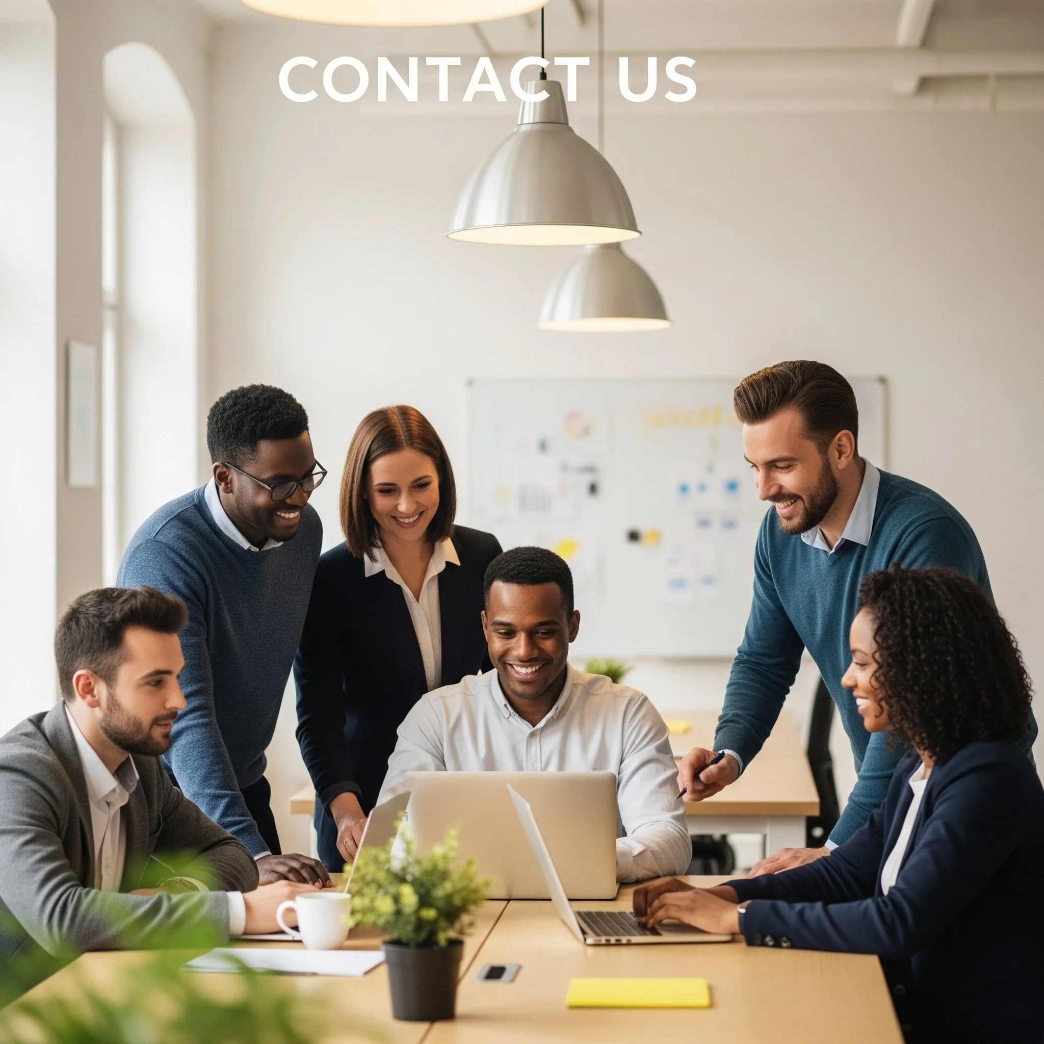 A diverse group of six people gathered around a table in an office, smiling and looking at a laptop, with a woman and a man standing, and the words 'Contact Us' displayed at the top.