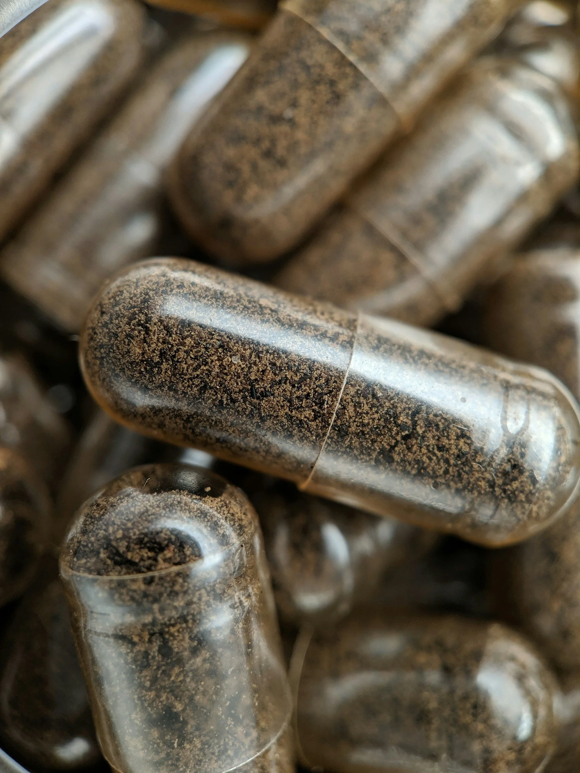 Close-up of multiple capsules filled with a brown, granular substance.