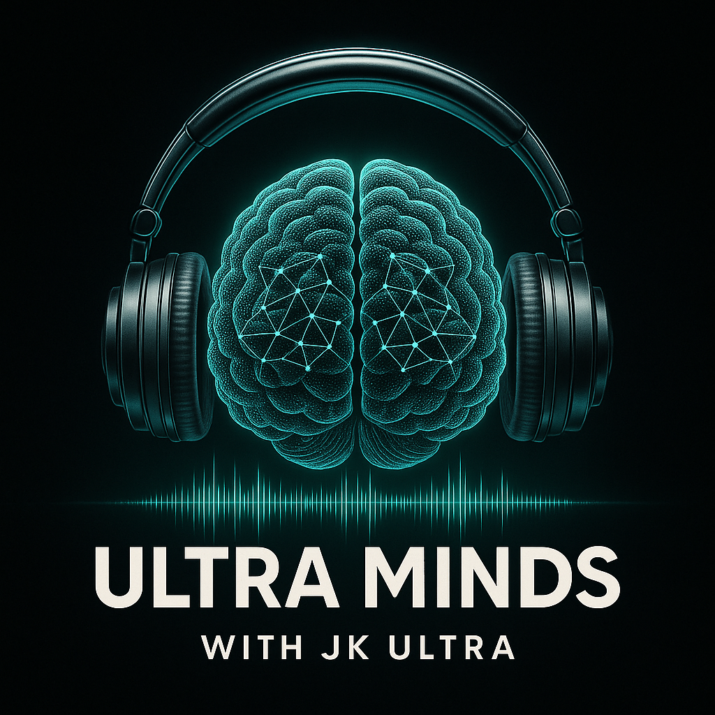 A digital illustration of a human brain with a sound wave visualization beneath it, wearing a pair of black headphones. The text reads "Ultra Minds with JK Ultra."