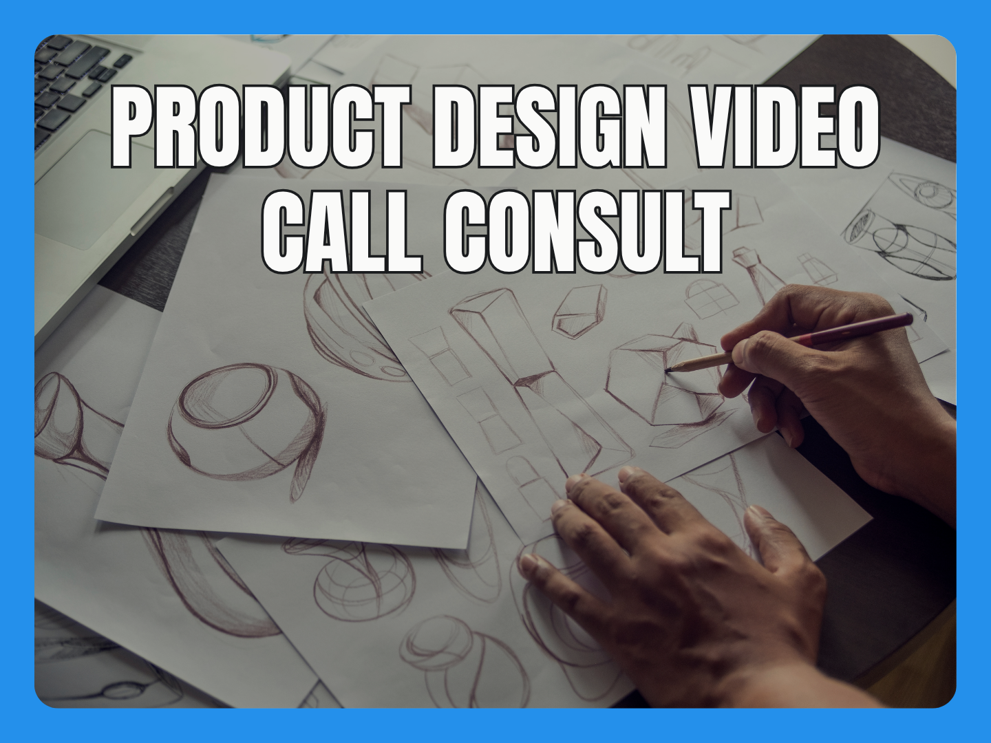 Sketches of various product designs on paper, with drafting tools and a laptop nearby during a product design review.