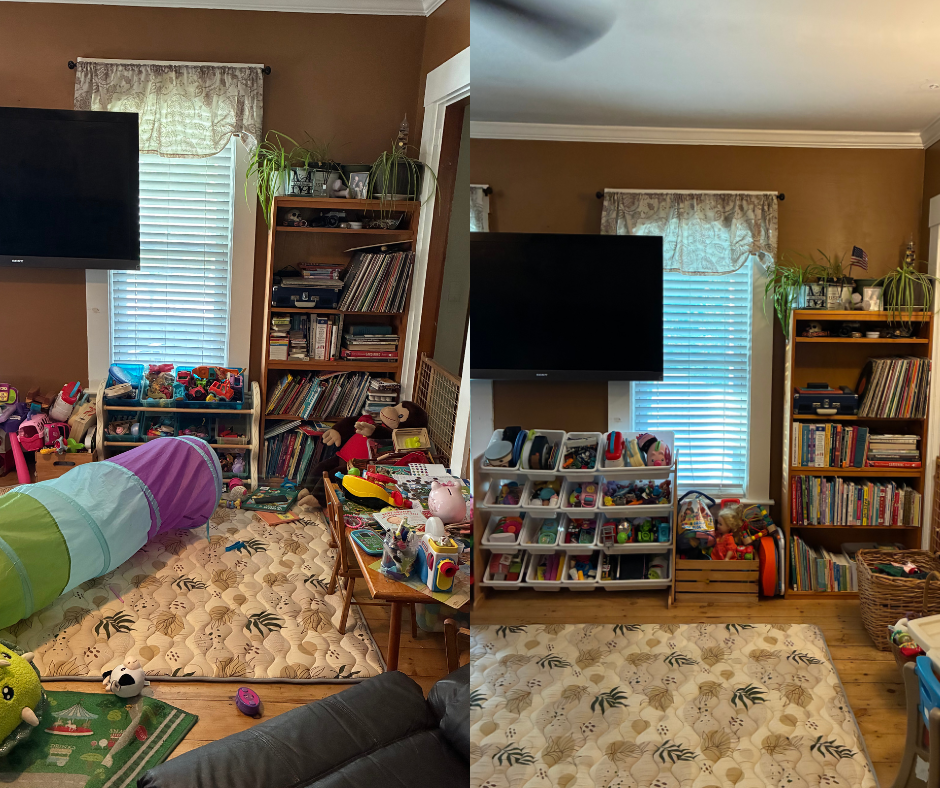Comparison of two views of a living room showing a TV on a brown wall, window with white blinds and a patterned valance, bookshelf with plants and toys, and a play area with toys and a plush toys on a patterned rug.