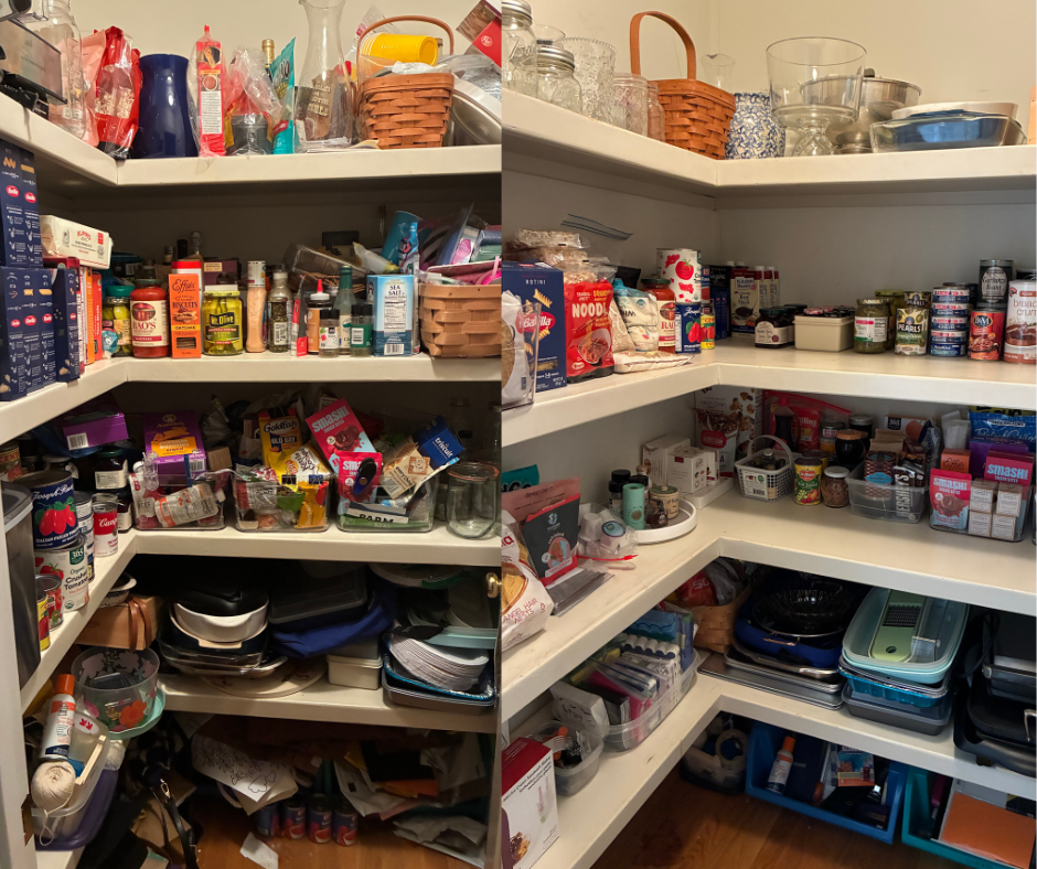 Comparison of two cluttered pantry shelves, before and after organization, filled with food, containers, and kitchen supplies.