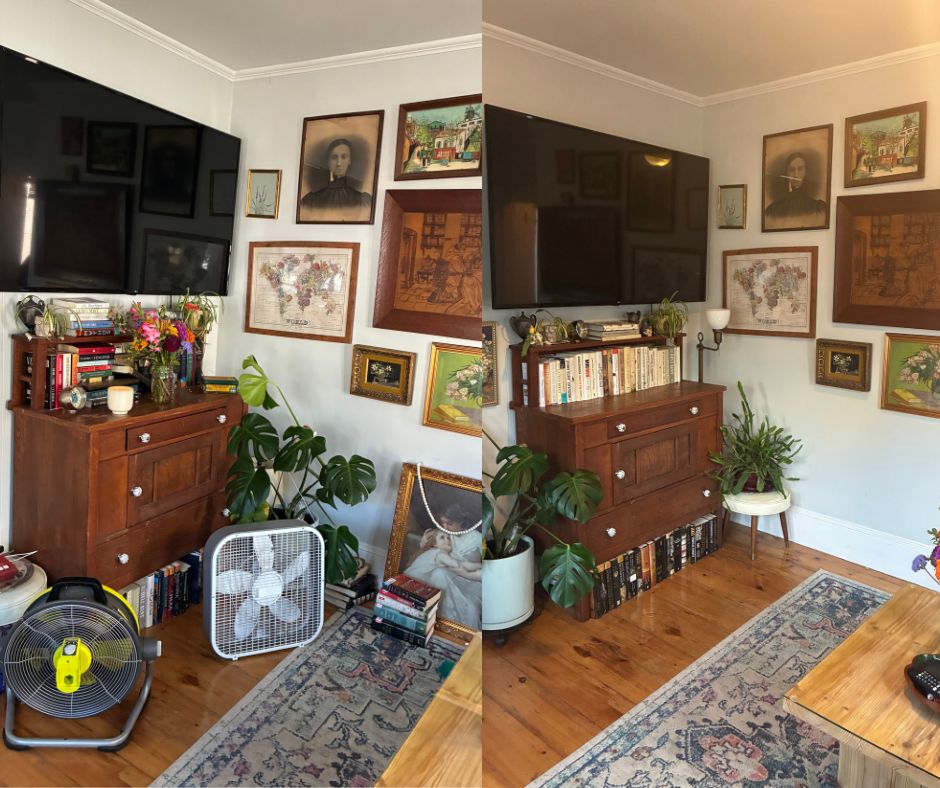 Side-by-side comparison of a living room corner with a wooden cabinet, wall art, a large TV, plants, books, a fan, and a rug, showing before and after cleaning or organization.