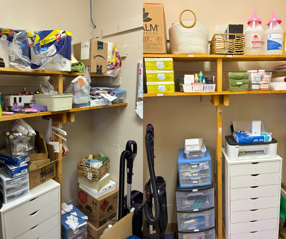 Messy storage room with shelves holding boxes, bottles, and office supplies, and a cart with drawers and a printer.