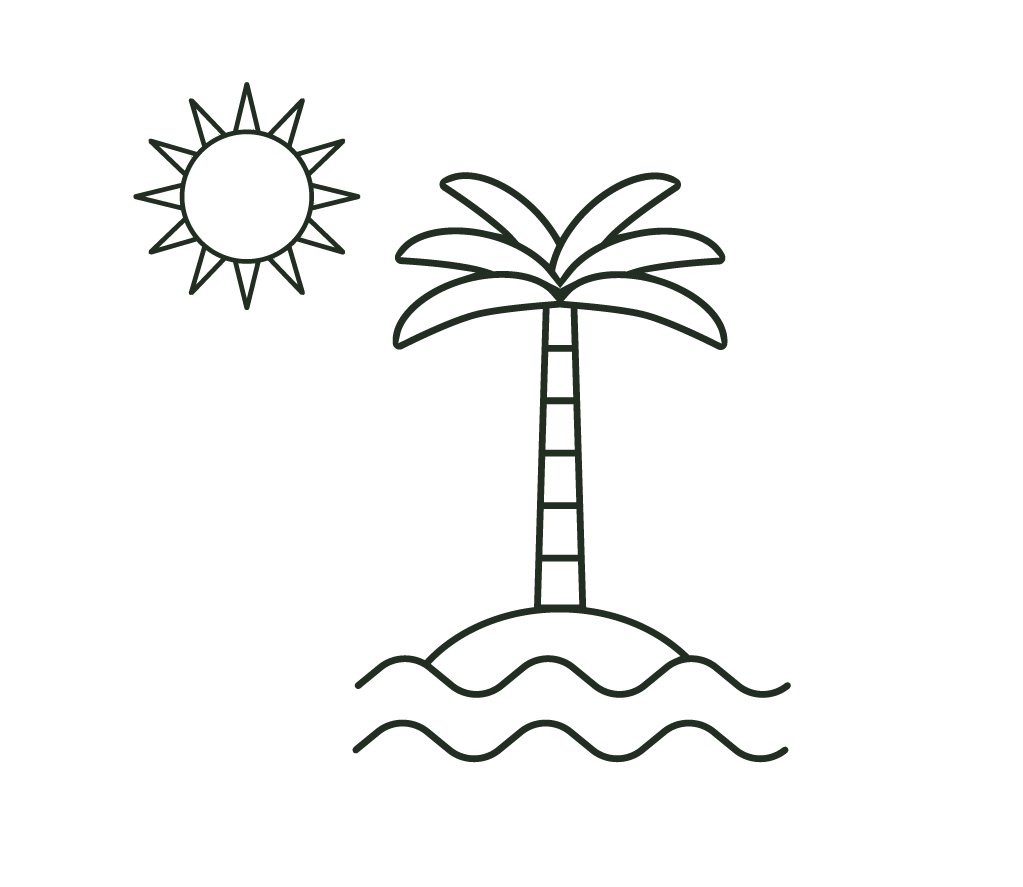 Simple line drawing of a palm tree on an island with water waves, a sun in the sky.