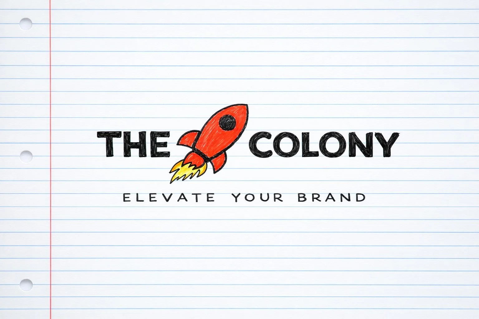 Tegning av en rakett som tar av, plassert mellom ordene 'The' og 'Colony'. Under står det 'Elevate Your Brand' på linedigital bakgrunn.