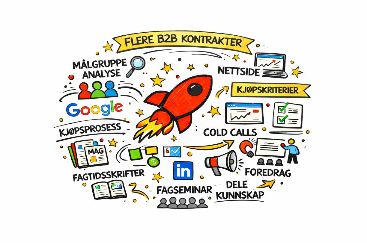 Illustrasjon av en rakett omgitt av ikoner og tekst om B2B markedsføring, inkludert Google, analyser, nettsider, kjøpsprosesser, fagseminarer, og cold calls.