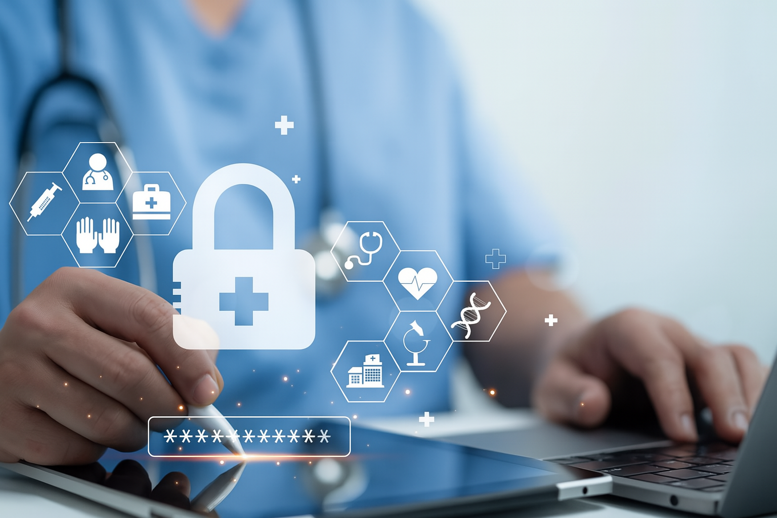 A healthcare professional interacts with a digital hologram featuring medical icons including a padlock, stethoscope, heart, DNA strand, hospital, and syringe, symbolizing medical data security and healthcare technology.