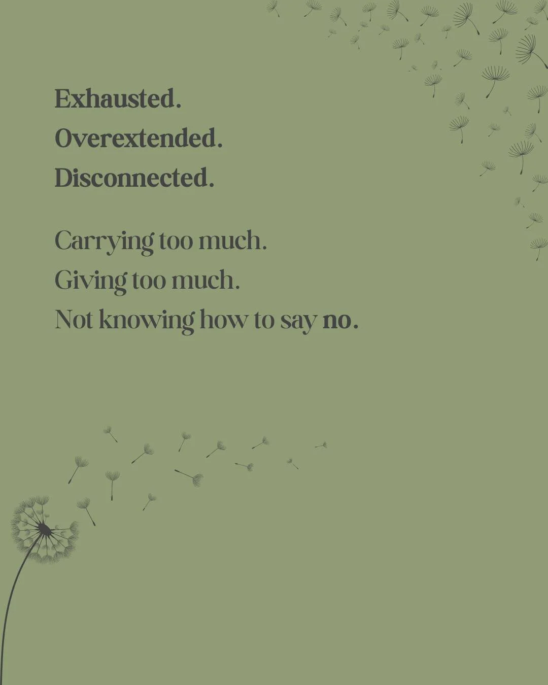 Sometimes the problem isn't that something is wrong with you.

Sometimes the problem is that you have been living out of alignment for too long.

Carrying too much.
Giving too much.
Silencing your own needs.

Holistic nurse coaching creates space to 